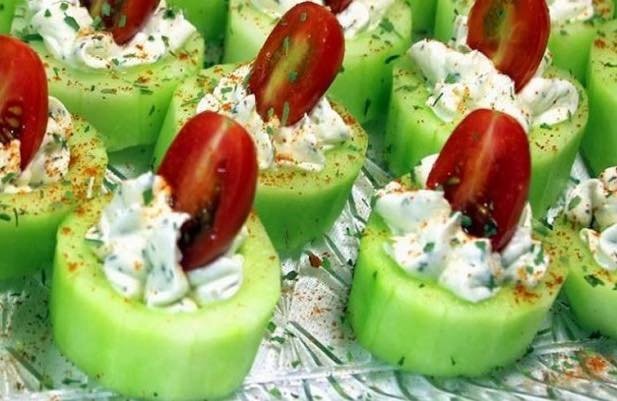 Cucumber Bites with Herb Cream Cheese and Cherry Tomatoes 
